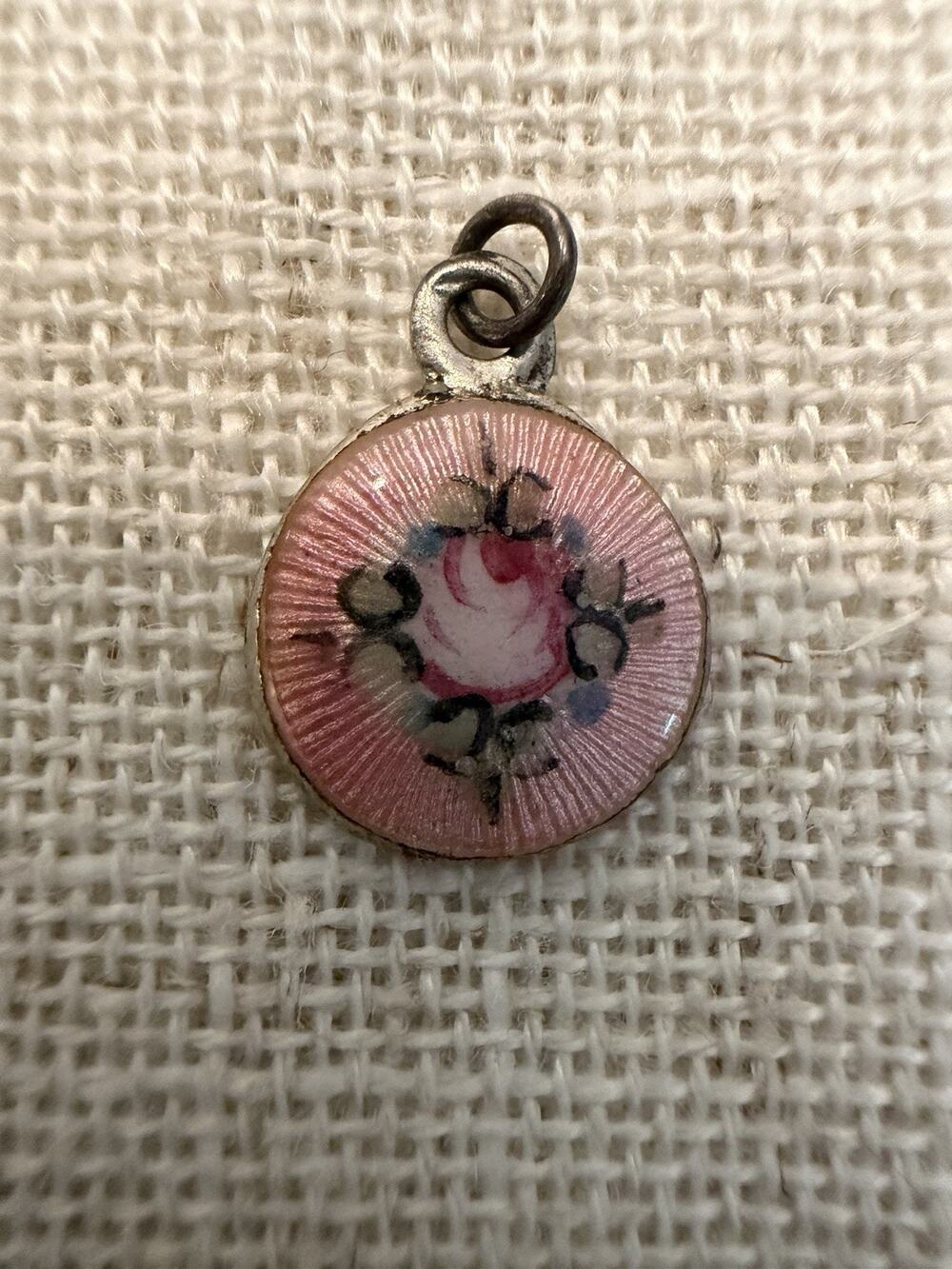 Vintage Guilloche Enamel Pink Rose Miniature Charm Pendant Floral Jewelry